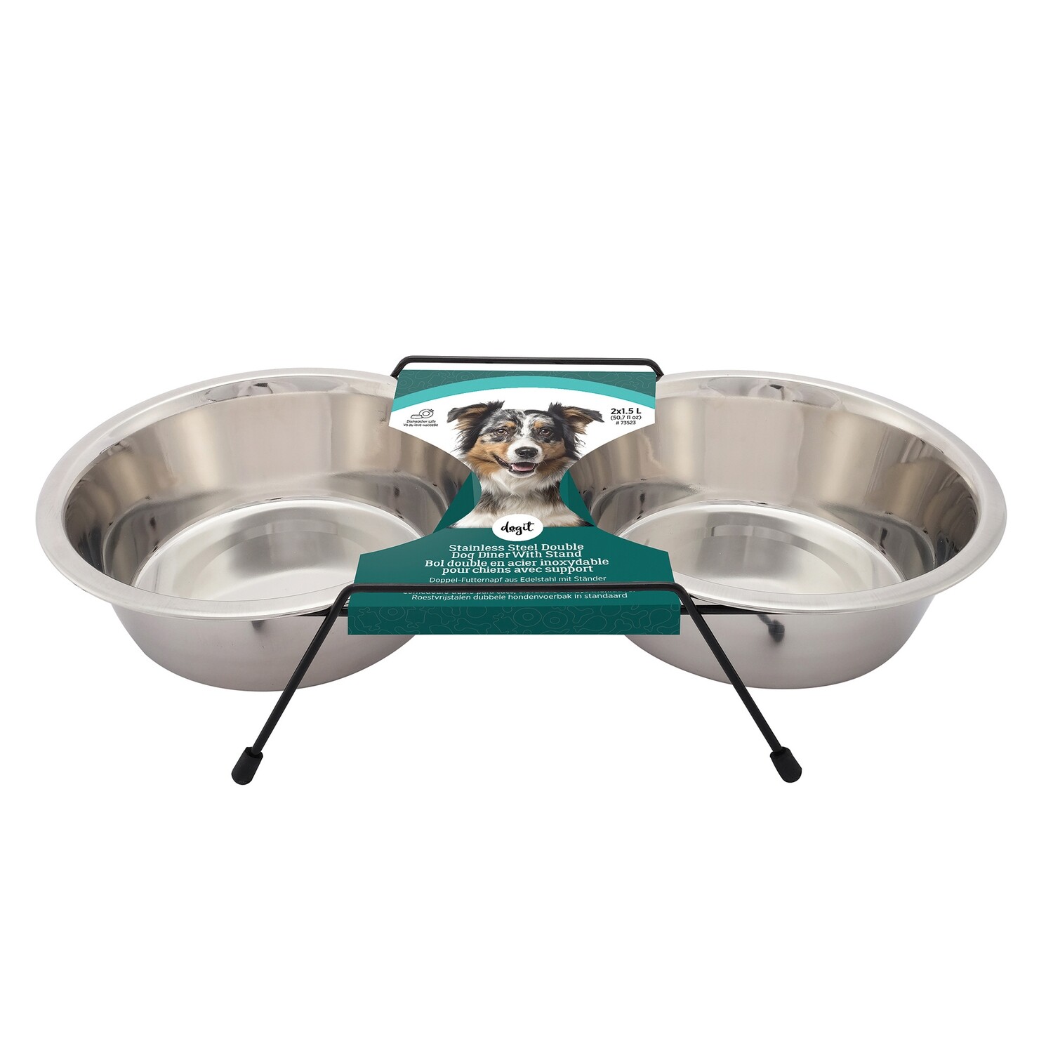Dogit Stainless Steel Double Dog Diner, Large - with 2 x 1.5L (50 fl oz) bowls and stand
