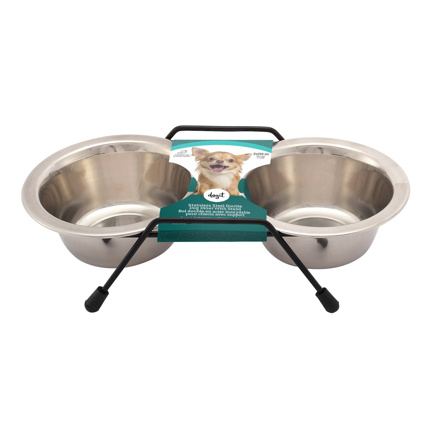 Dogit Stainless Steel Double Dog Diner, Mini - with 2 x 250ml (8.4 fl oz) bowls and stand