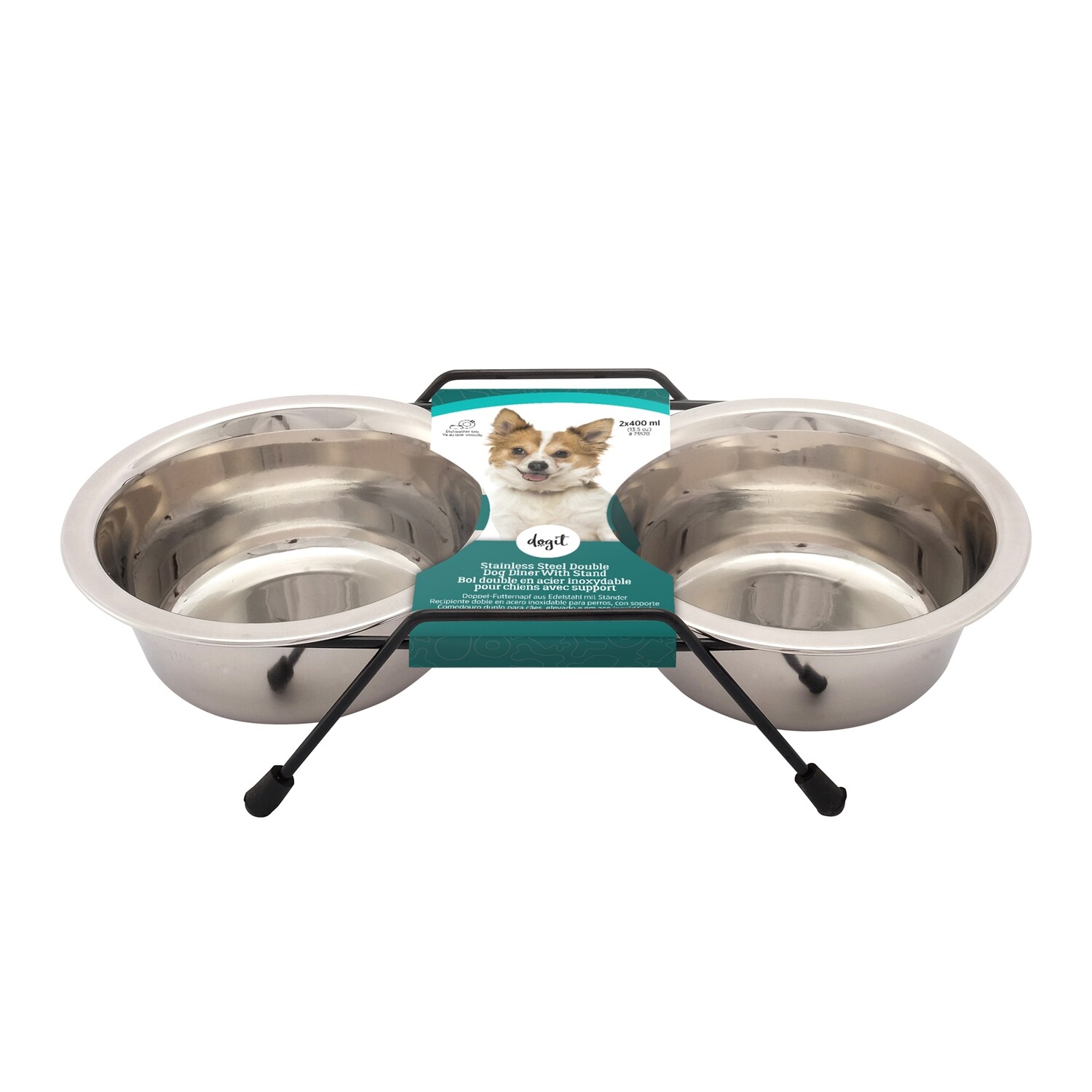 Dogit Stainless Steel Double Dog Diner, Small - with 2 x 400ml (13.5 fl oz) bowls and stand