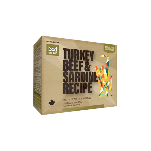 BCR Fare Game Turkey, Beef &amp; Sardine Raw Cat Food 2 lb