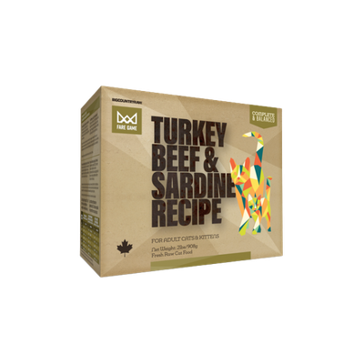 BCR Fare Game Turkey, Beef &amp; Sardine Raw Cat Food 2 lb
