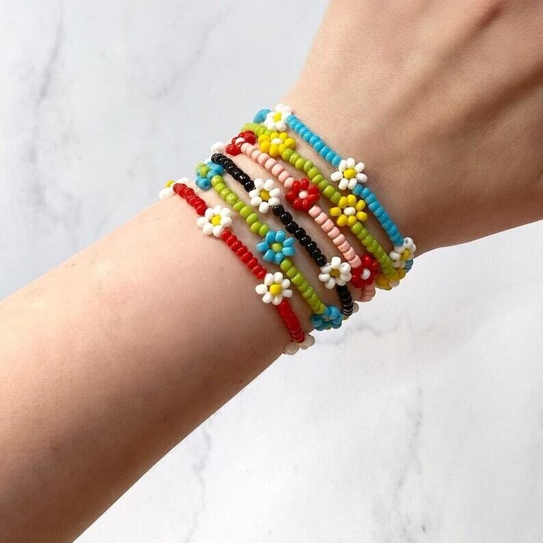 Colorful Beaded Multi Flower Daisy Chain Bracelet | Flower Seed Bead Jewelry | Unisex Elastic Stretch Bracelet