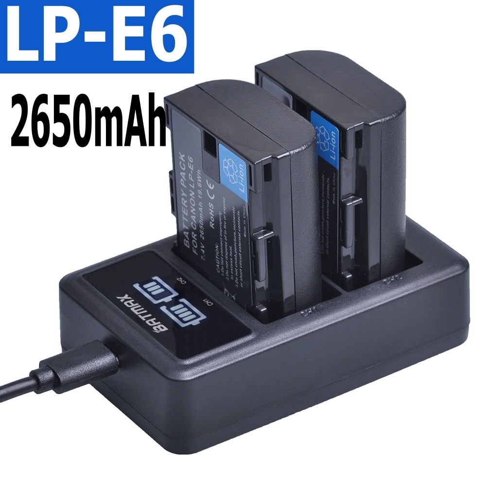 LP-E6 E6N Battery 2650mAh + LED Dual Charger For Canon EOS 5DS R 5D Mark II 5D | 2 Batteries &amp; charger