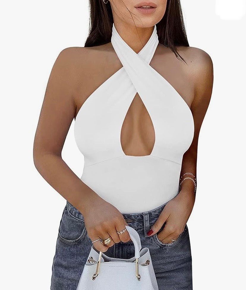 NEW Womens Cross Strap Halter Top Bodysuit L