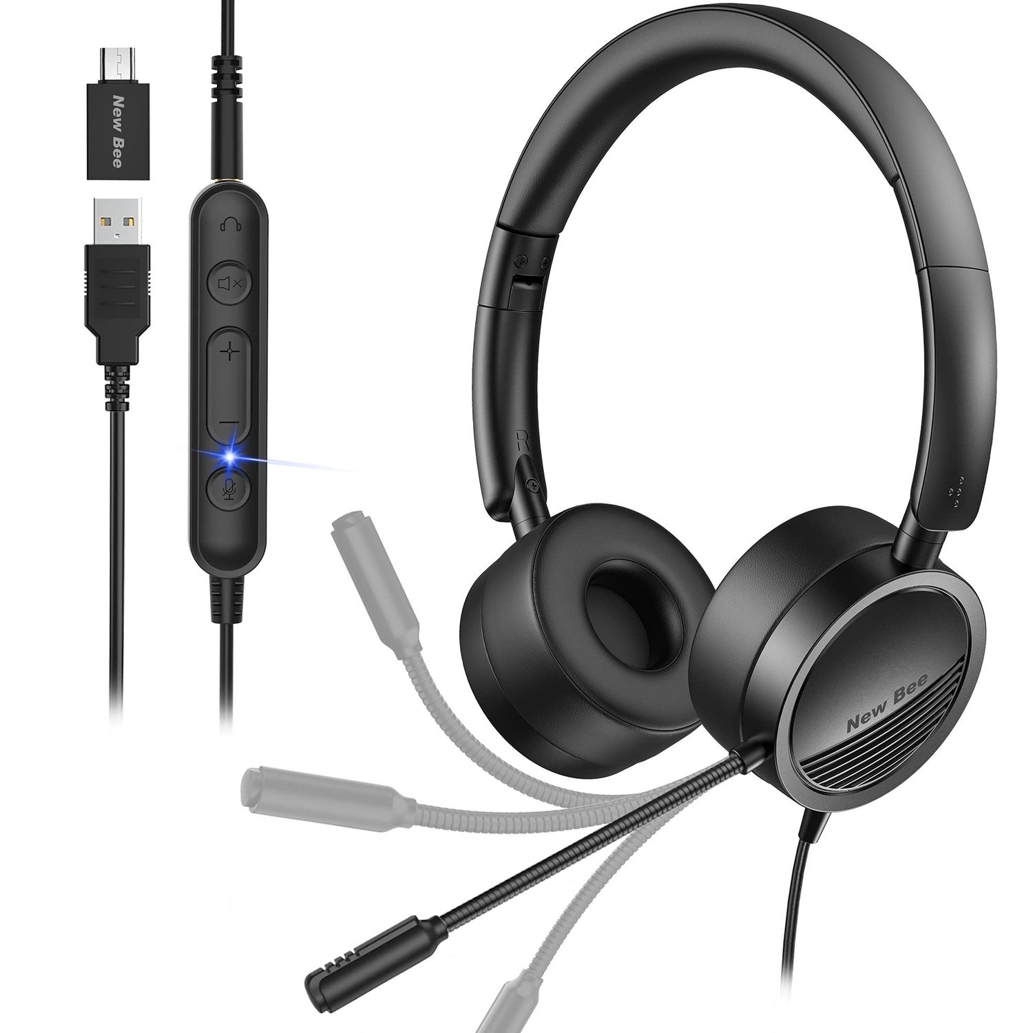 NEW USB Headset with Microphone &amp; Type C Adapter