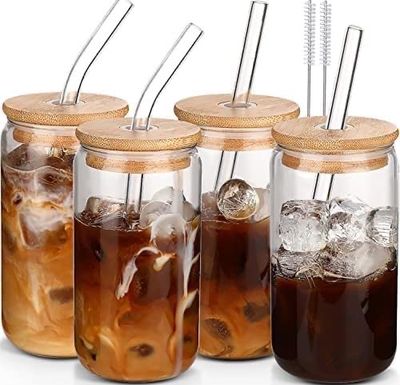 NEW 4 Pack Glass Jars with Bamboo Lids &amp; Straws