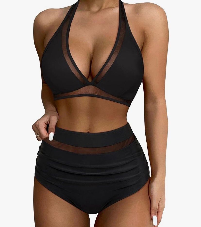 NEW Womens Mesh Halter Bikini Swimsuit L
