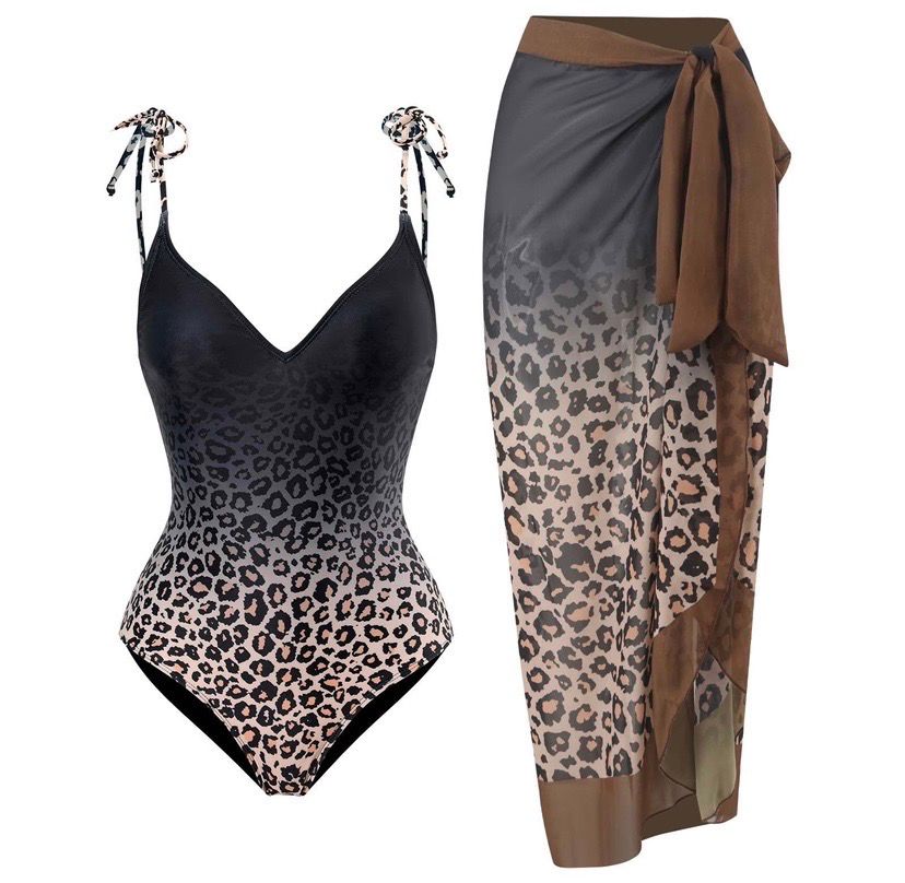 NEW Womens Leopard Print Swimsuit with Skirt Coverup L