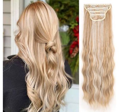 NEW Clip Wavy Synthetic Hair Extensions Golden Blonde 24”
