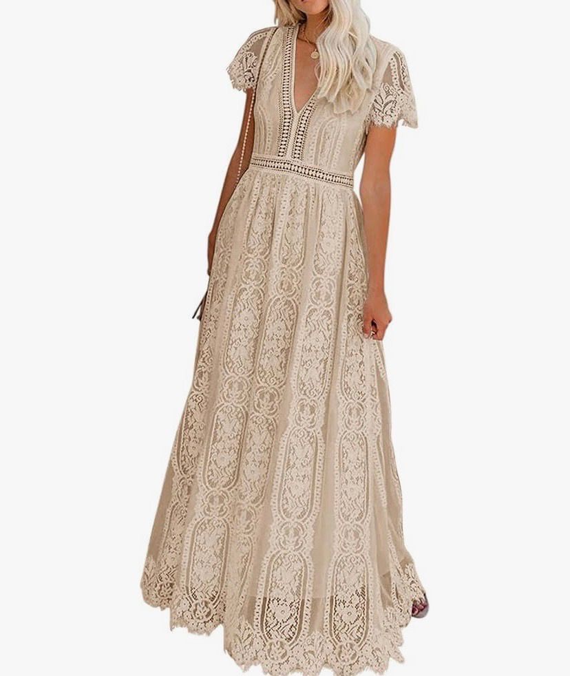 NEW Womens Boho Floral Lace Deep V Dress XL Apricot