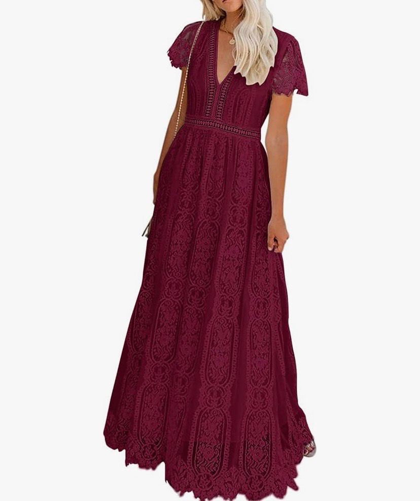 NEW Womens Boho Floral Lace Deep V Dress L Wine Red