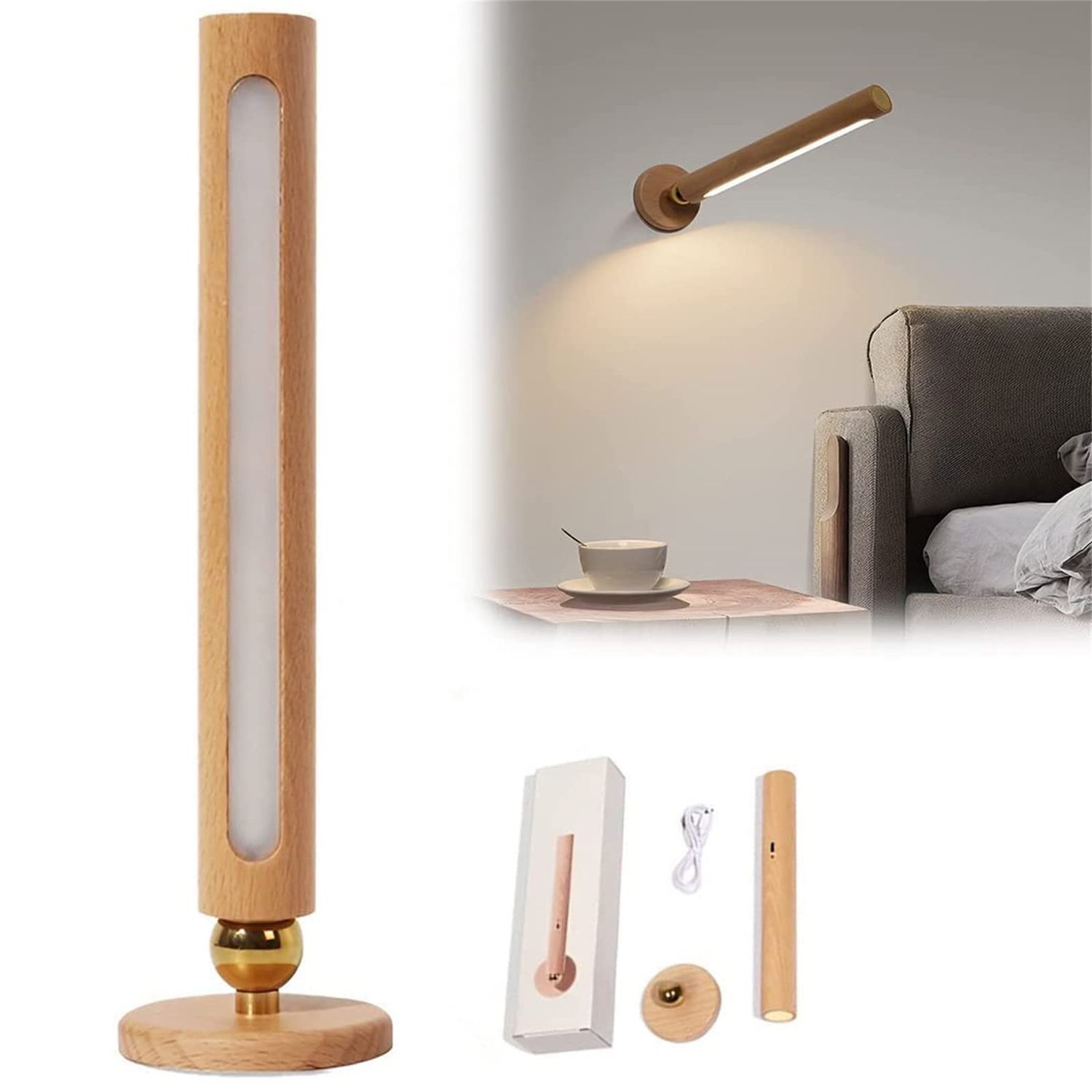 NEW 360° Wooden LED Detachable Wall Lamp Night Light