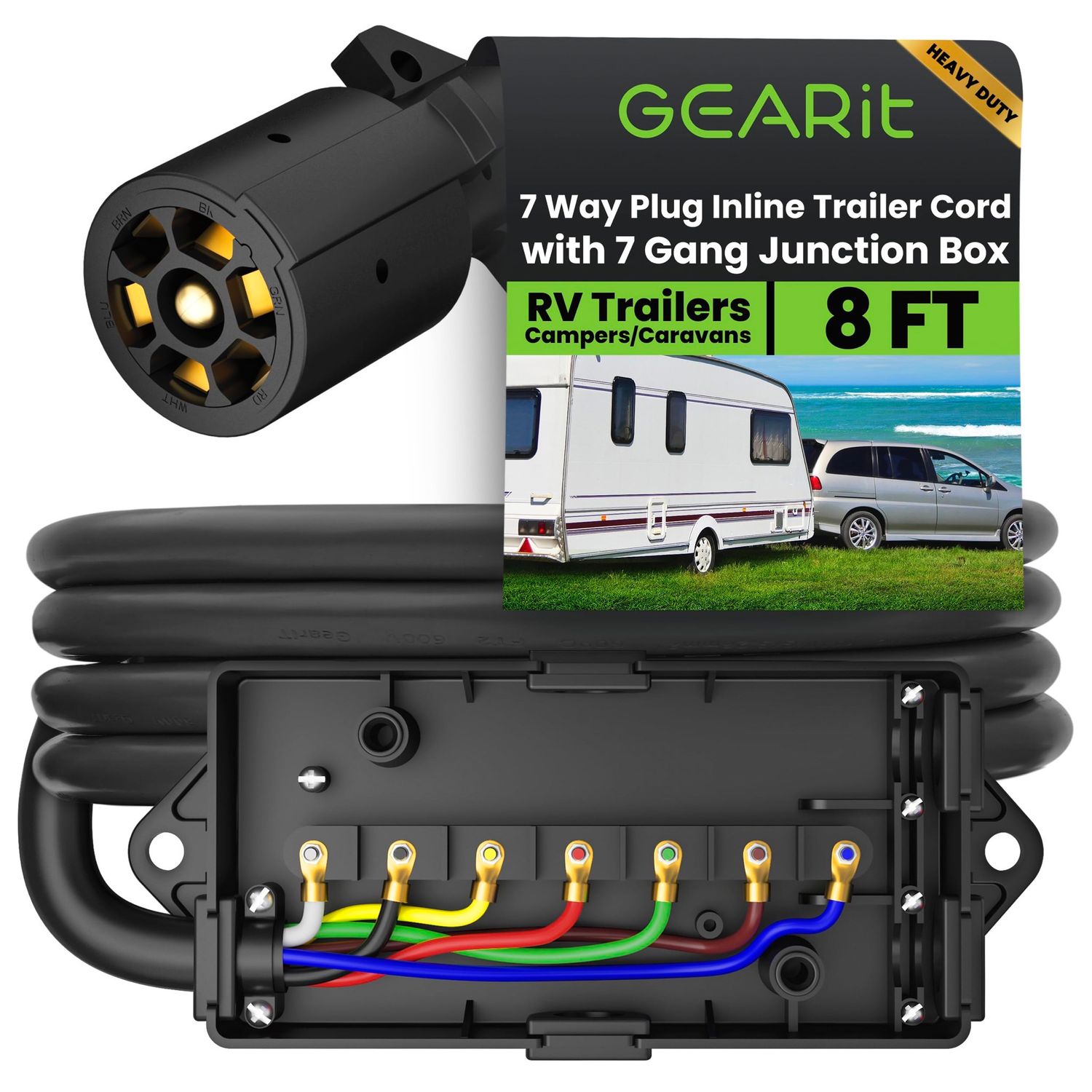 NEW GEARit 7 Way Plug Inline Trailer Cord 8ft