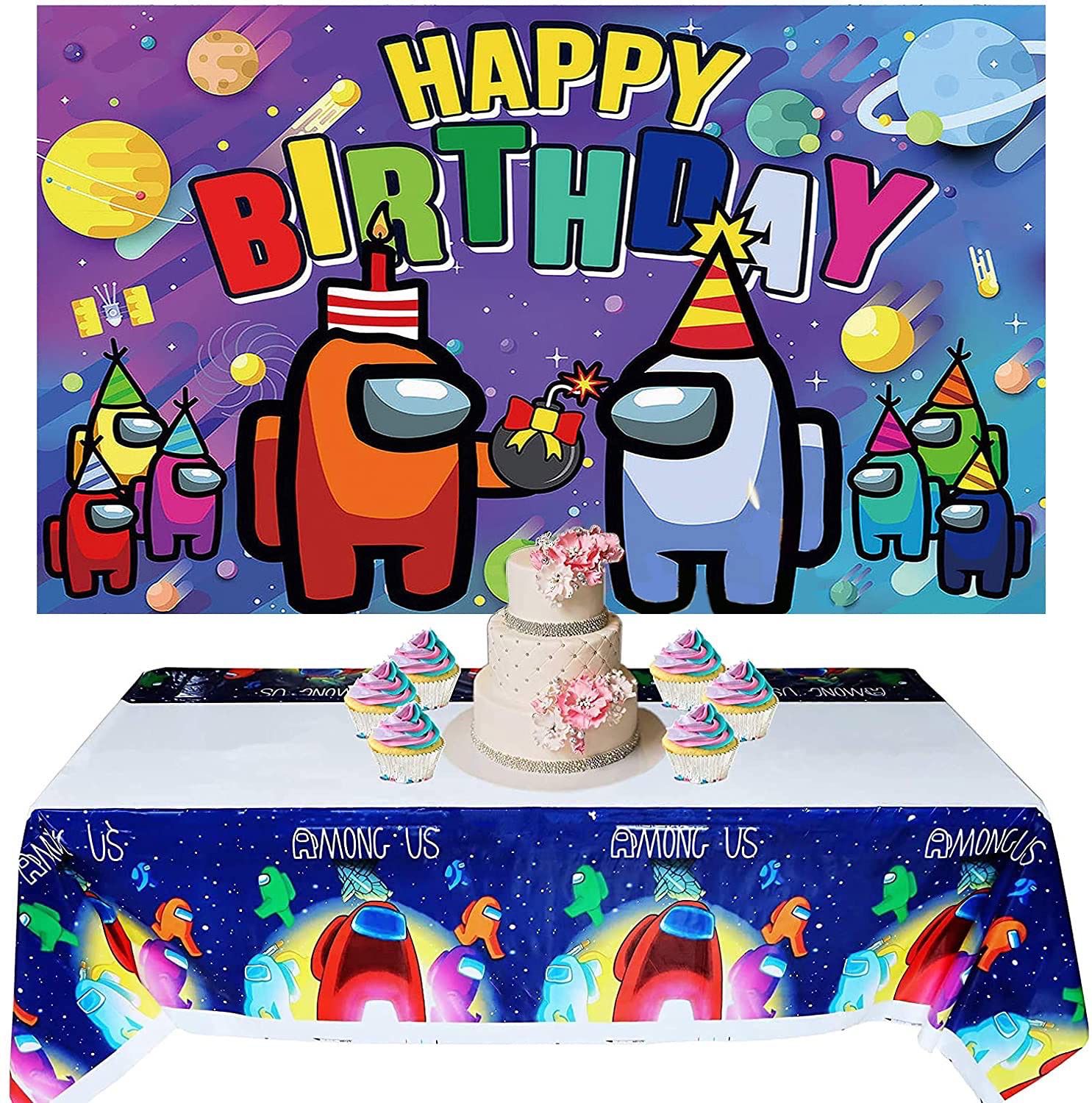 NEW Among Us Birthday Party Banner &amp; Tablecloth Decoration Set