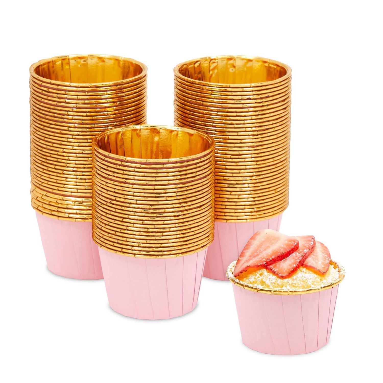 NEW 100 Pack Pink and Gold Foil Cupcake Liners