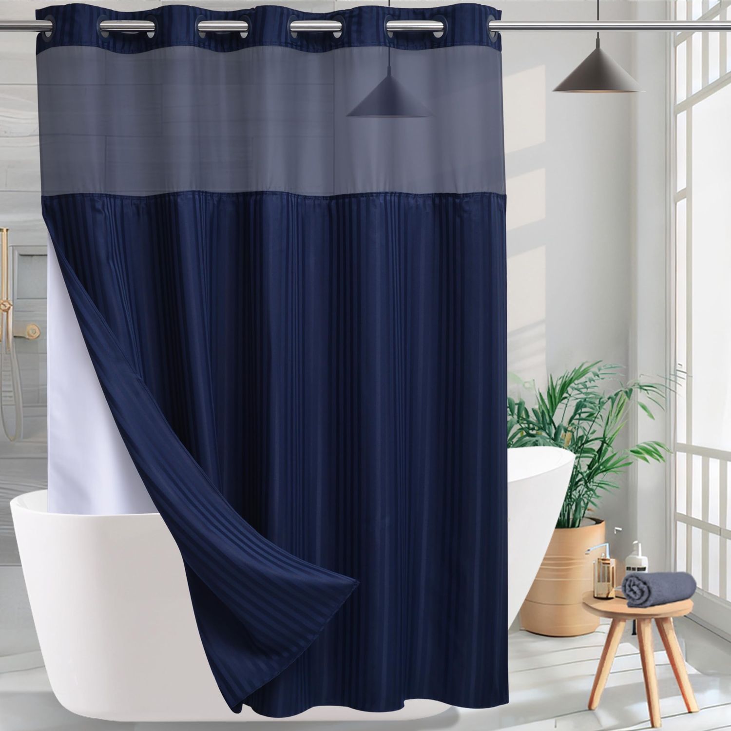 NEW Fabric Shower Curtain with Mesh Window Accent