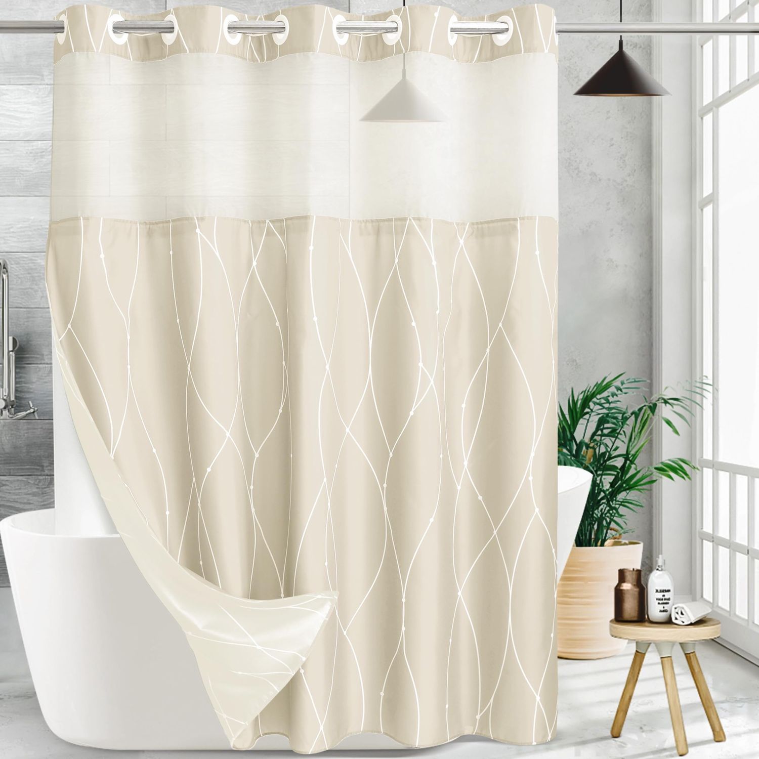 NEW Fabric Shower Curtain with Mesh Window Accent