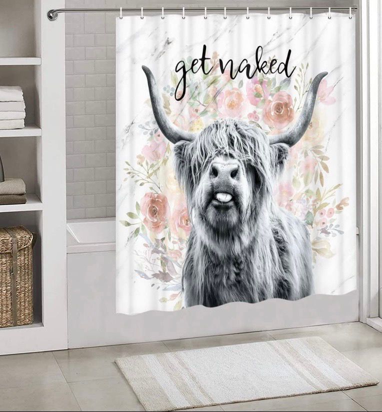 NEW Get Naked Highland Cow Rustic Floral Shower Curtain