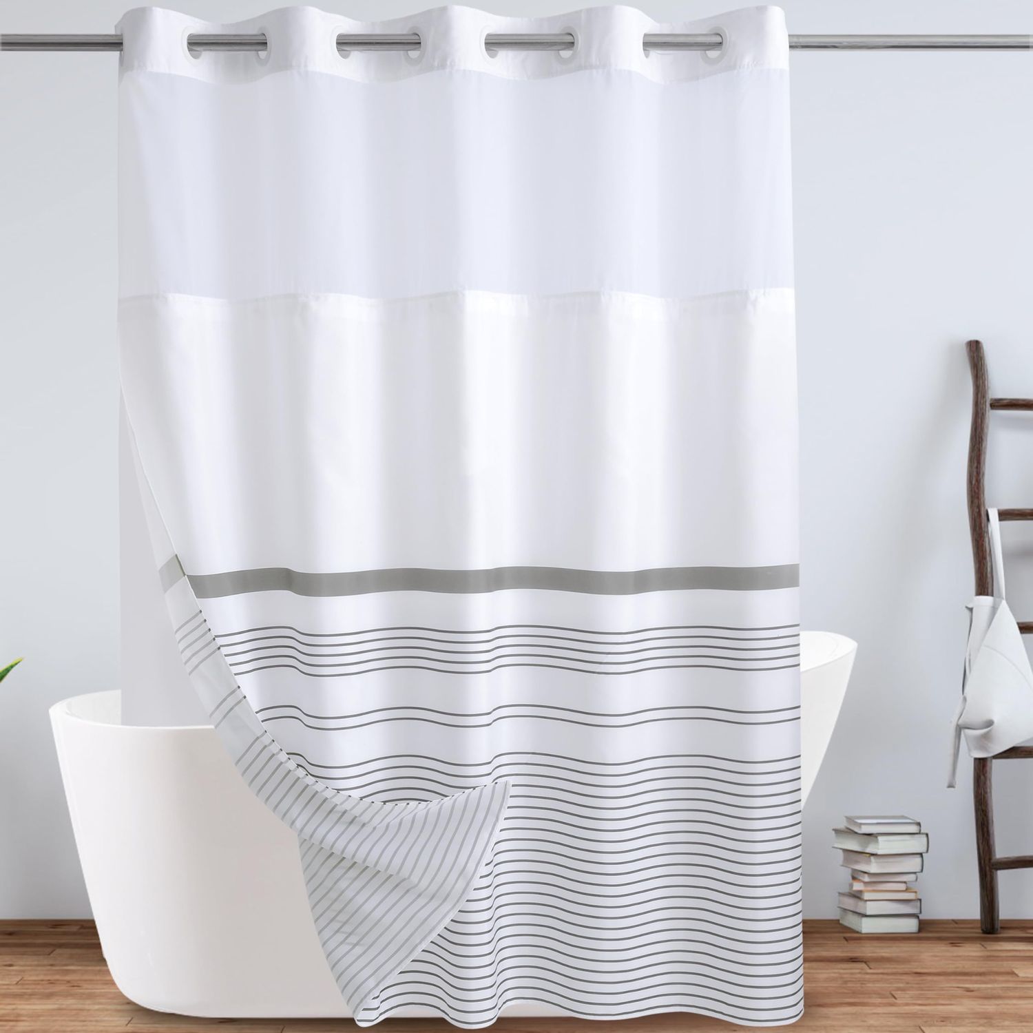 NEW Fabric Shower Curtain Mesh Window Grey Striped