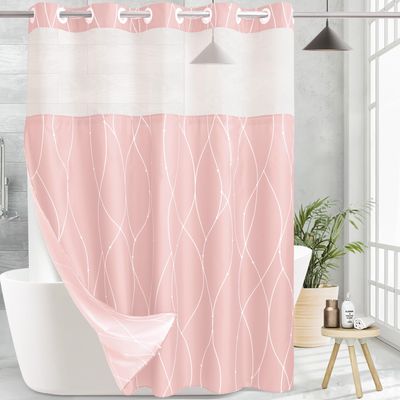 NEW Fabric Shower Curtain with Mesh Window Accent Pink