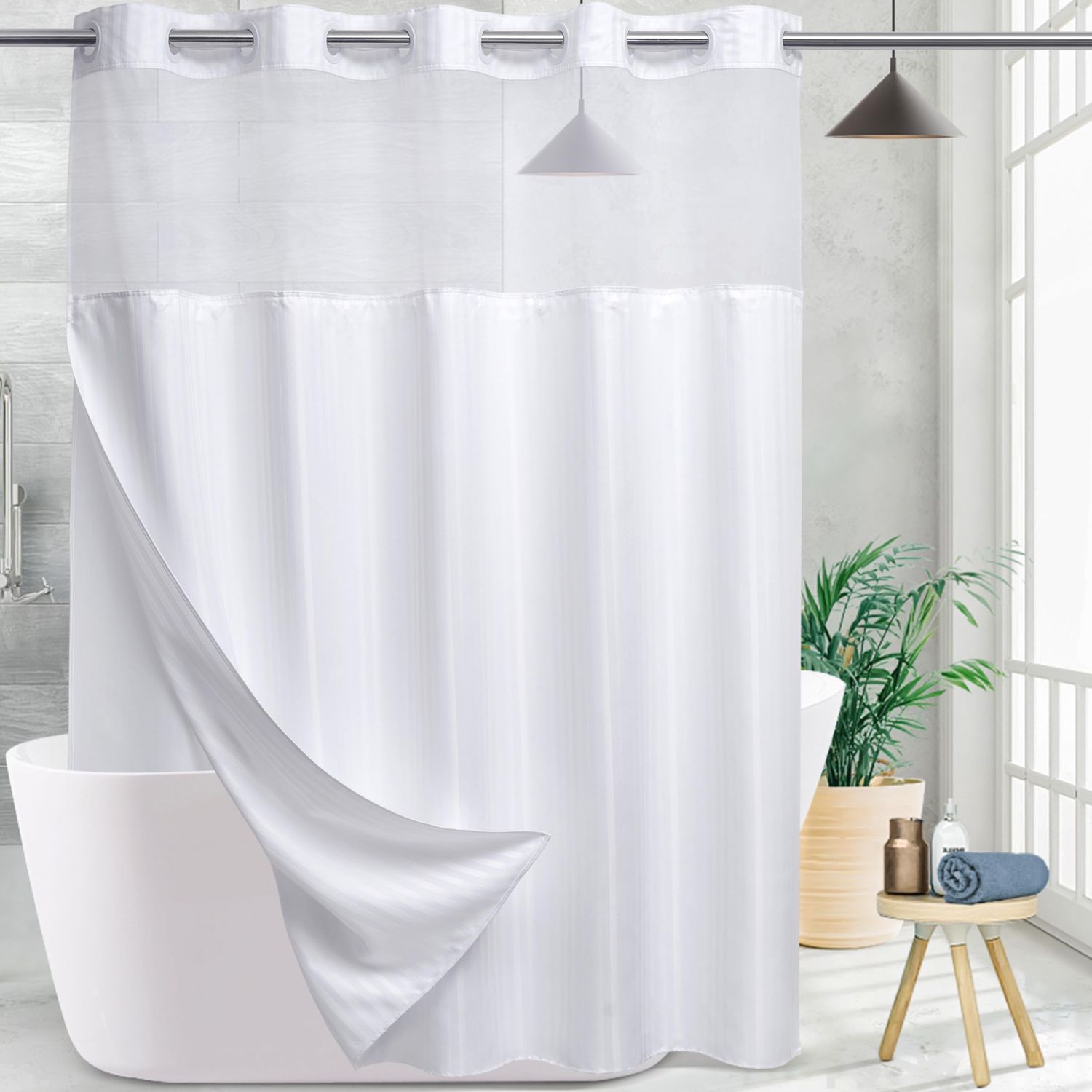 NEW Fabric Shower Curtain with Mesh Window Accent