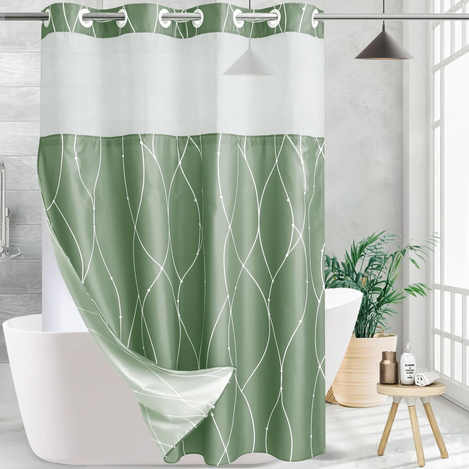 NEW Fabric Shower Curtain with Mesh Window Accent Green