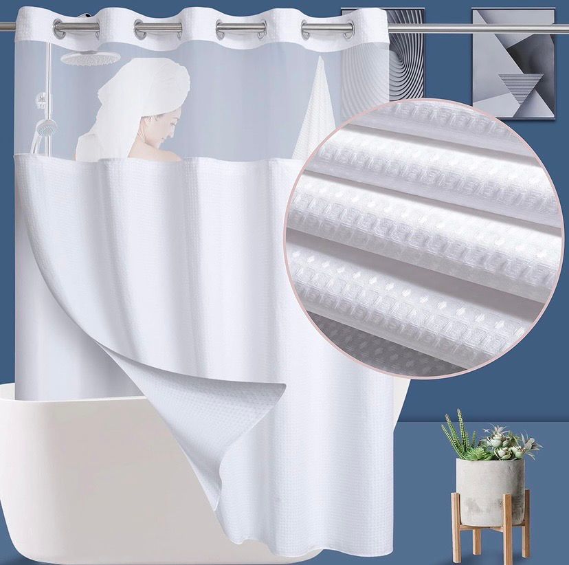 NEW Fabric Waffle Weave Shower Curtain with Mesh Window Accent