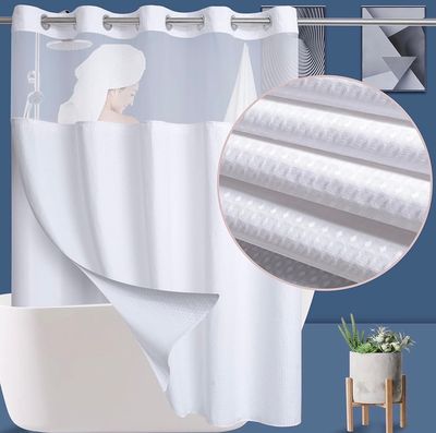 NEW Fabric Waffle Weave Shower Curtain with Mesh Window Accent