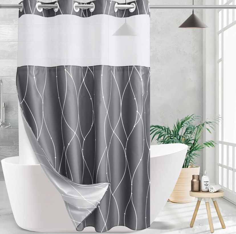 NEW Fabric Shower Curtain with Mesh Window Accent Grey