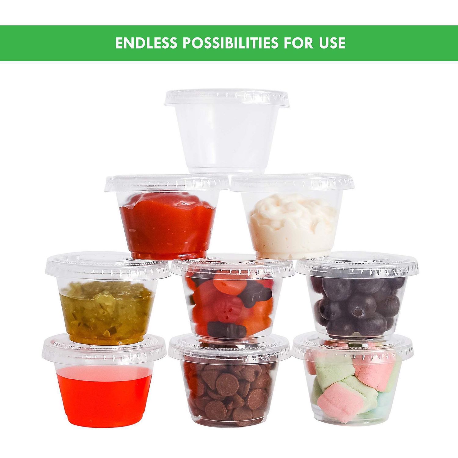 NEW 100 Plastic Condiment / Sample Containers With Lids