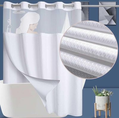 NEW Fabric Waffle Weave Shower Curtain with Mesh Window Accent