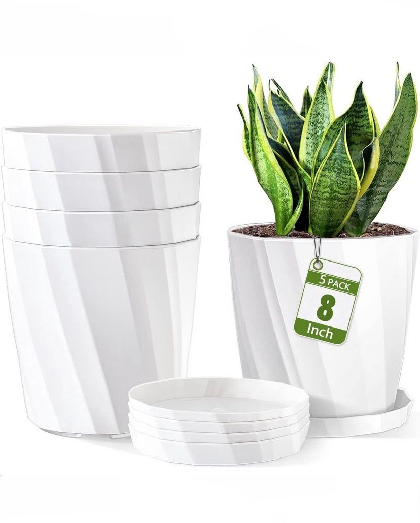 NEW 5 Pack White Flower / Plant Pots Planters with Saucers