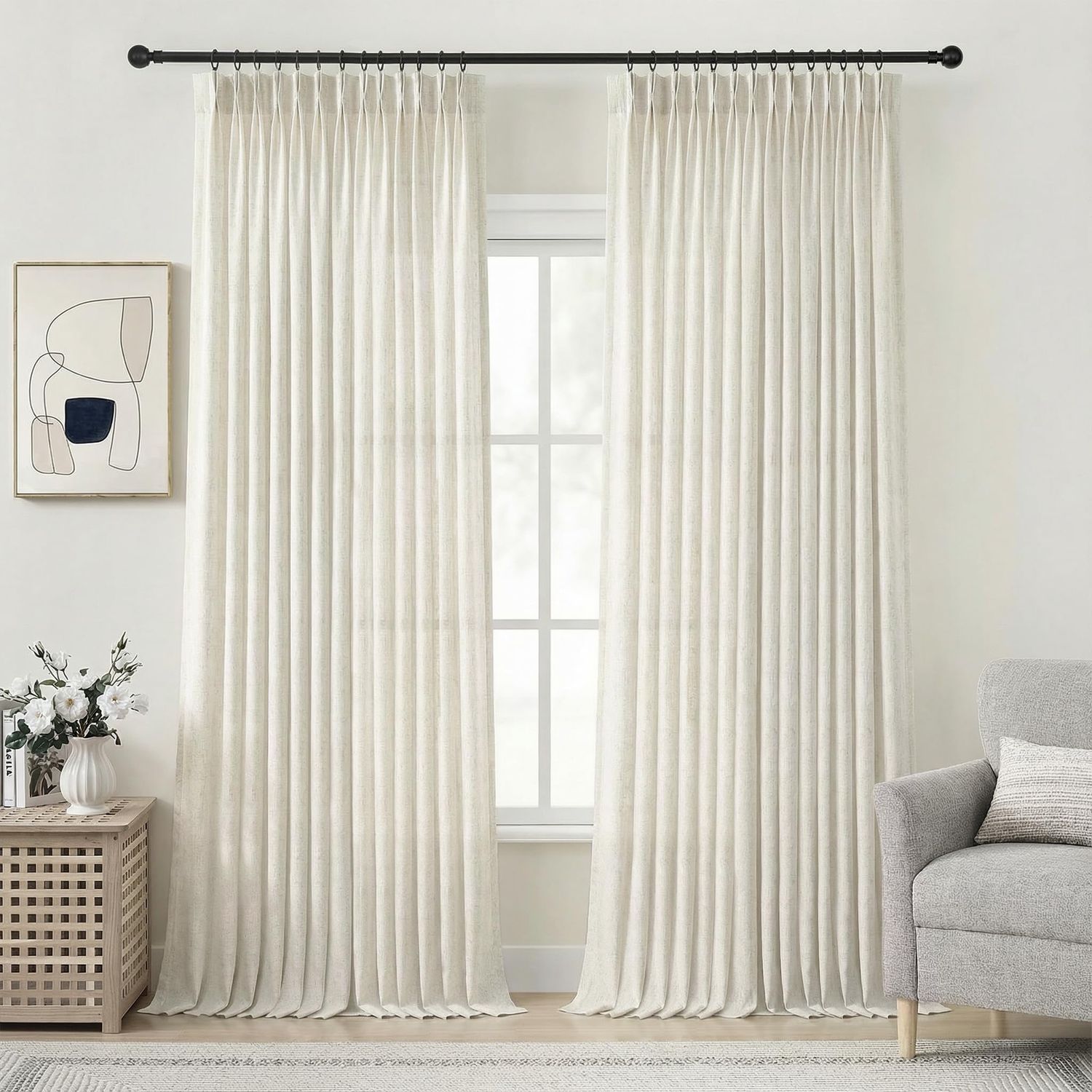 NEW 2 Panel Extra Long Boho Pinch Pleat Linen Curtains 120”