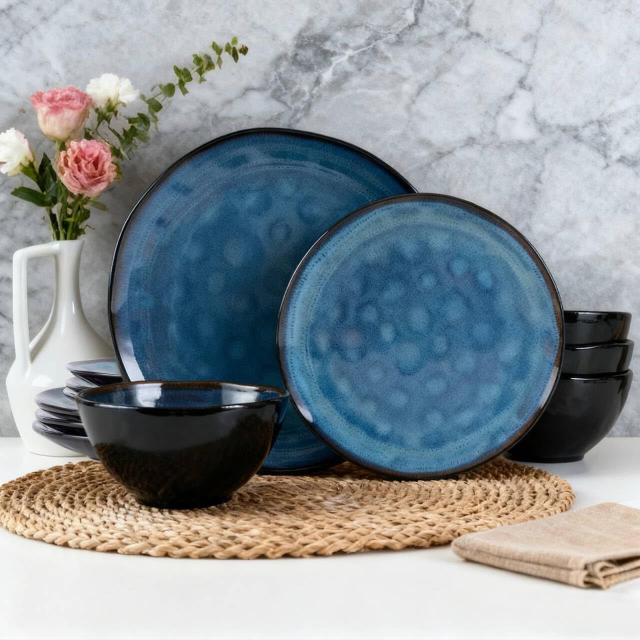 NEW 12pc Stoneware Dinnerware Set Blue