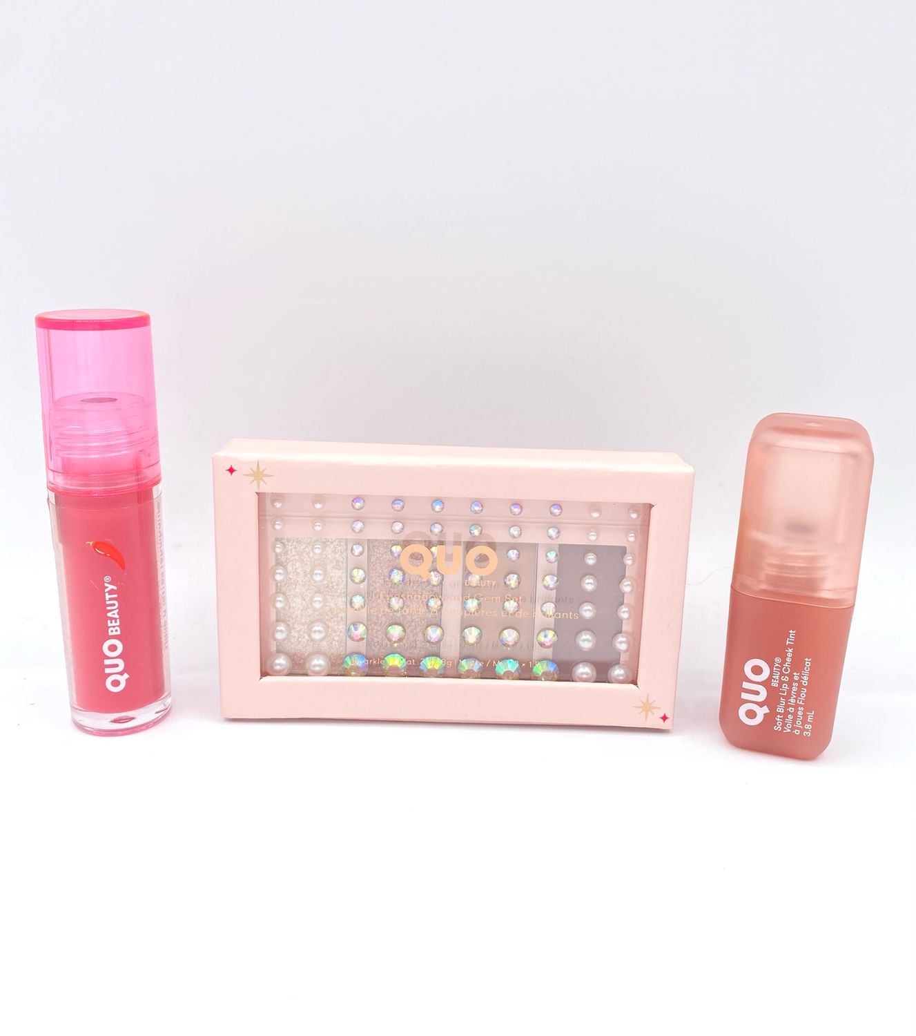 NEW 3 Assorted Quo Beauty Products - Lip Oil, Tint, Eyeshadow &amp; Gem Set