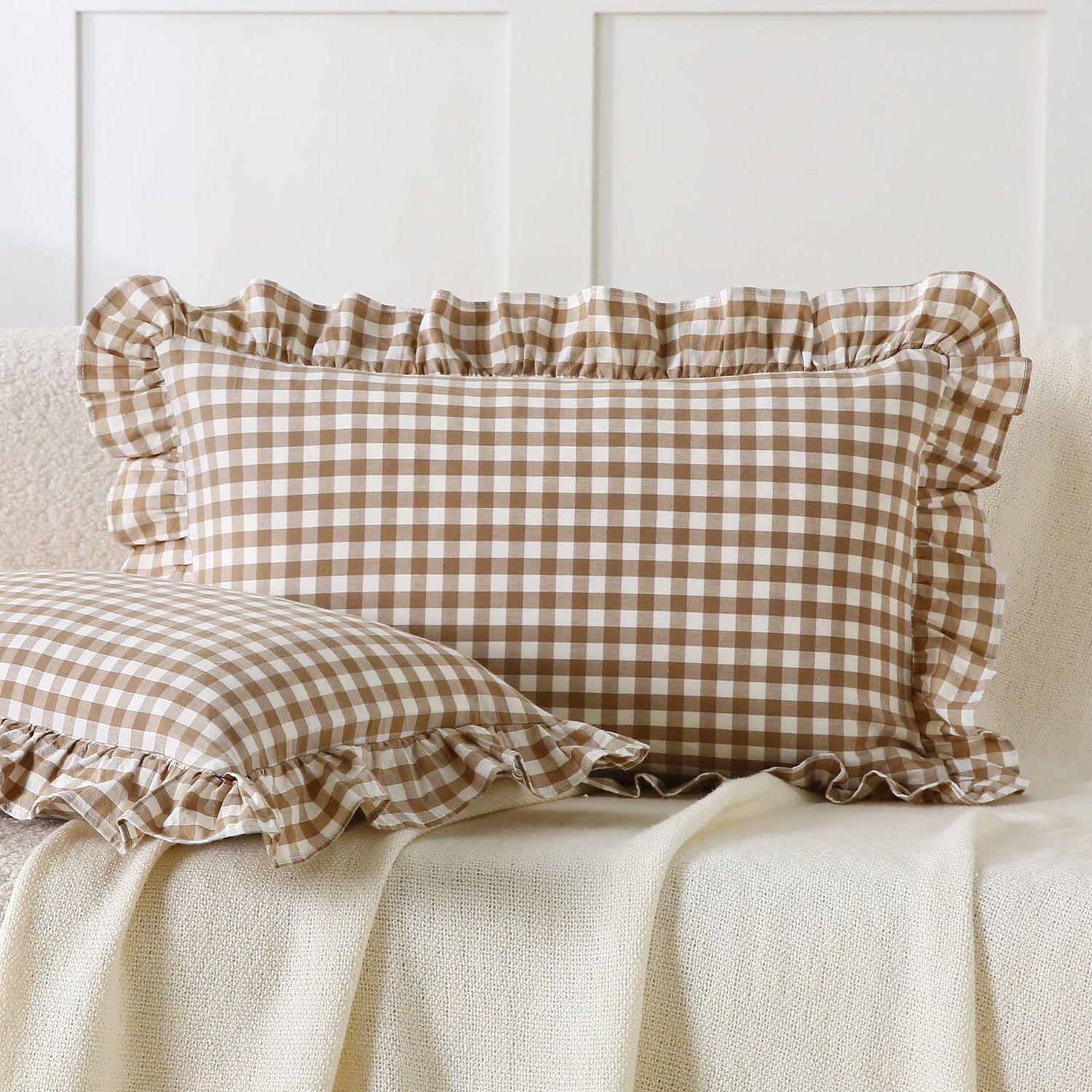 NEW 2 Pack Taupe White Plaid Ruffle Throw Pillow Covers