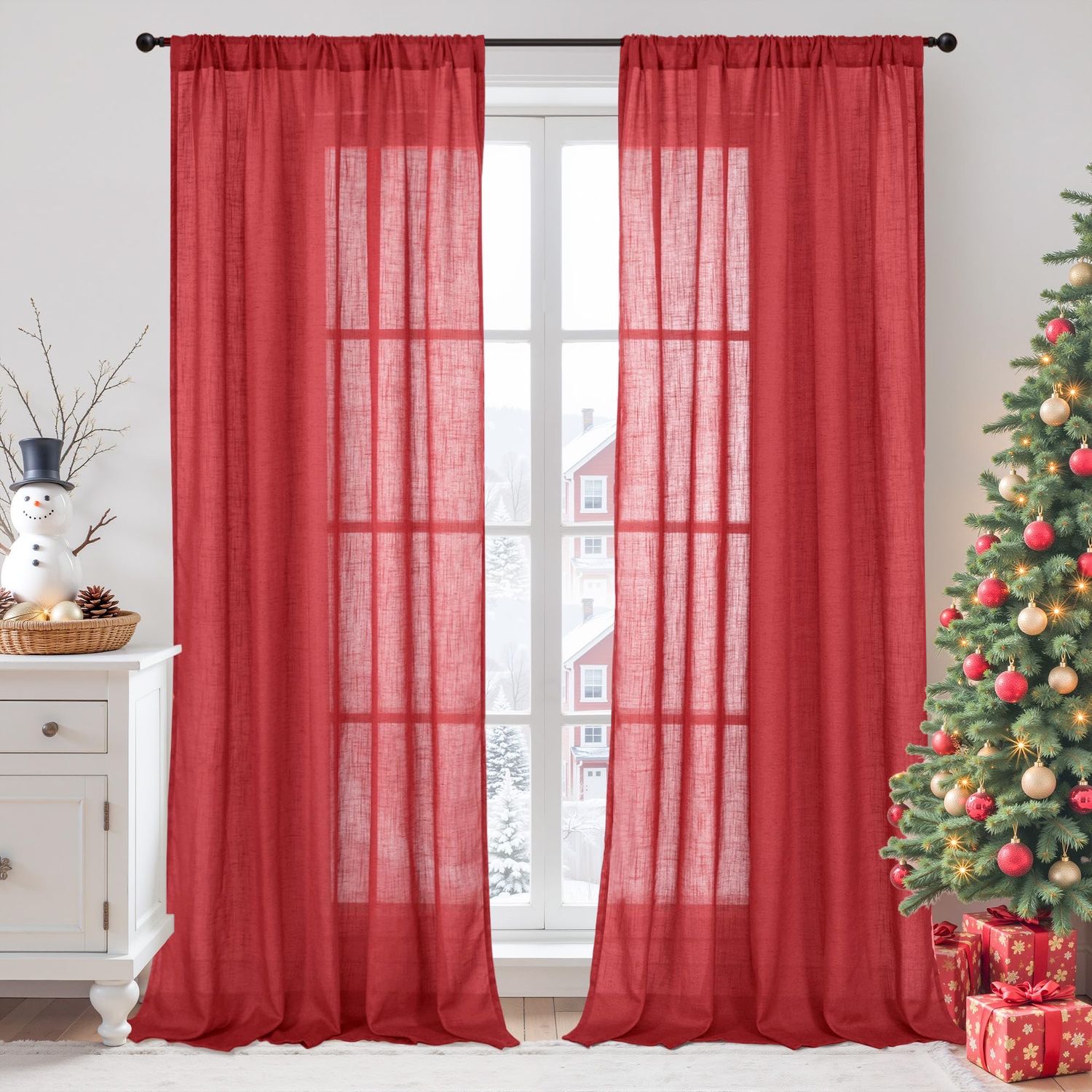 NEW 2 Panel Red Linen Curtains Semi Sheer 52” x 84”