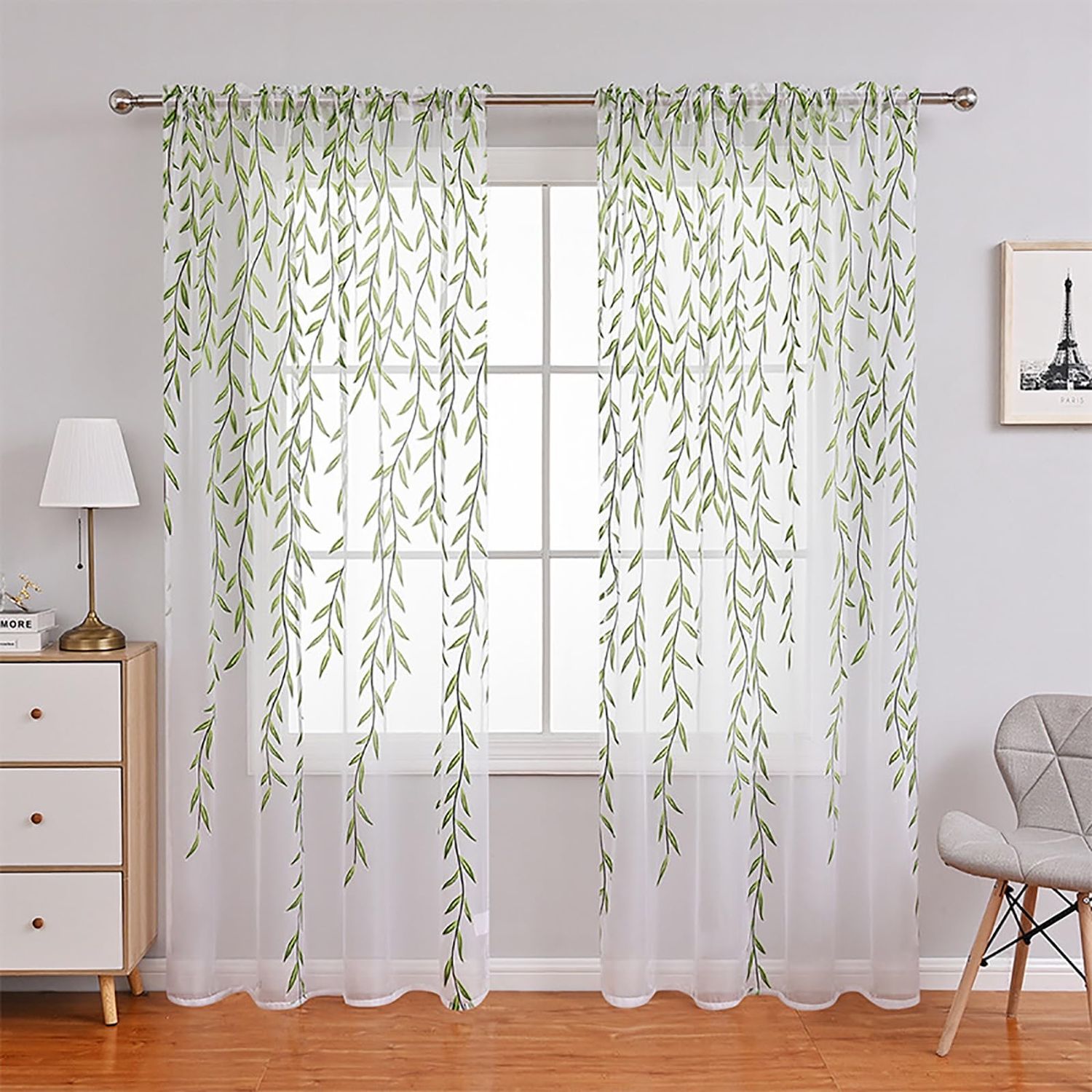 NEW 2 Panel Sheer Willow Leaves Vines Curtain Panels