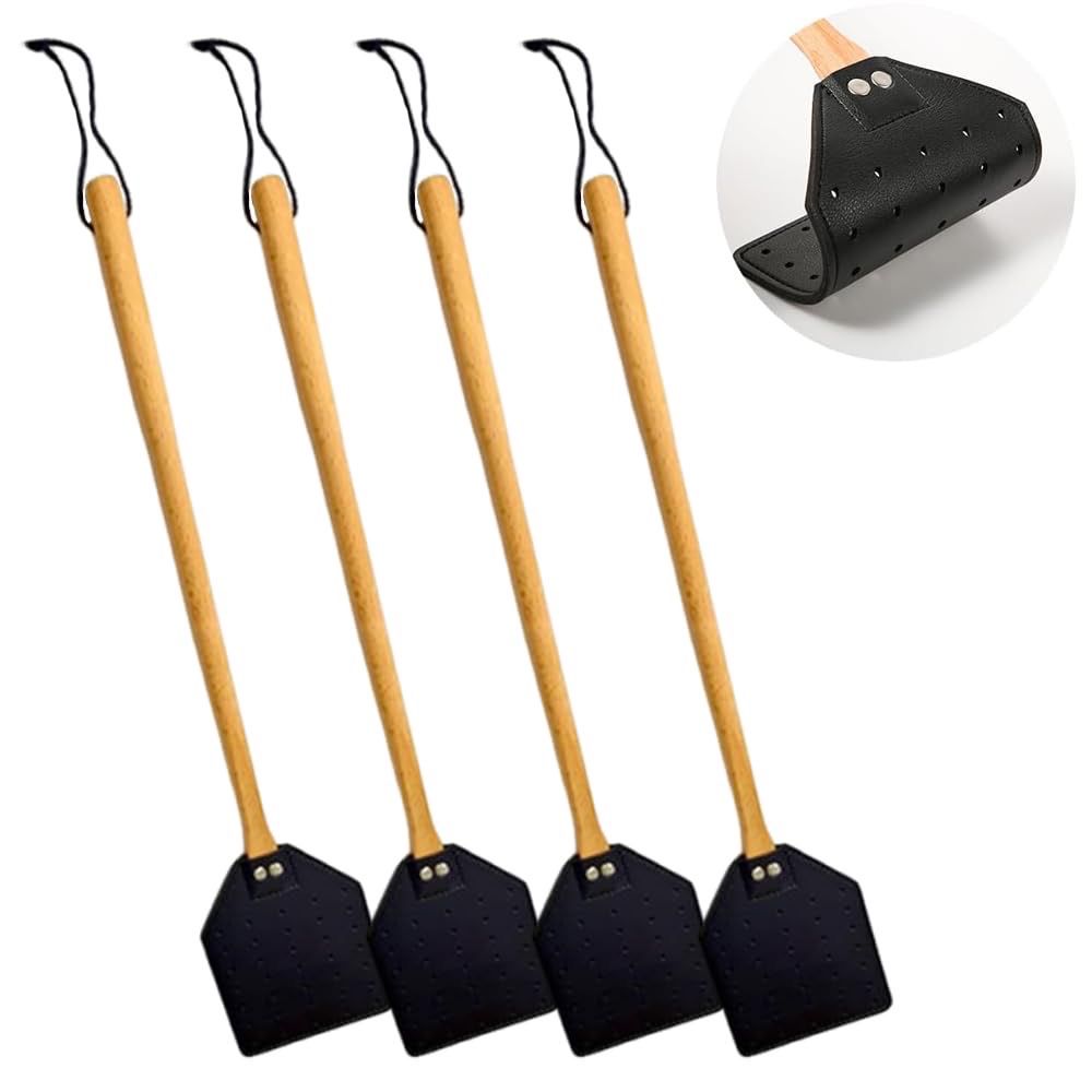 NEW 4 Pack Leather Fly Swatters with Wood Handle