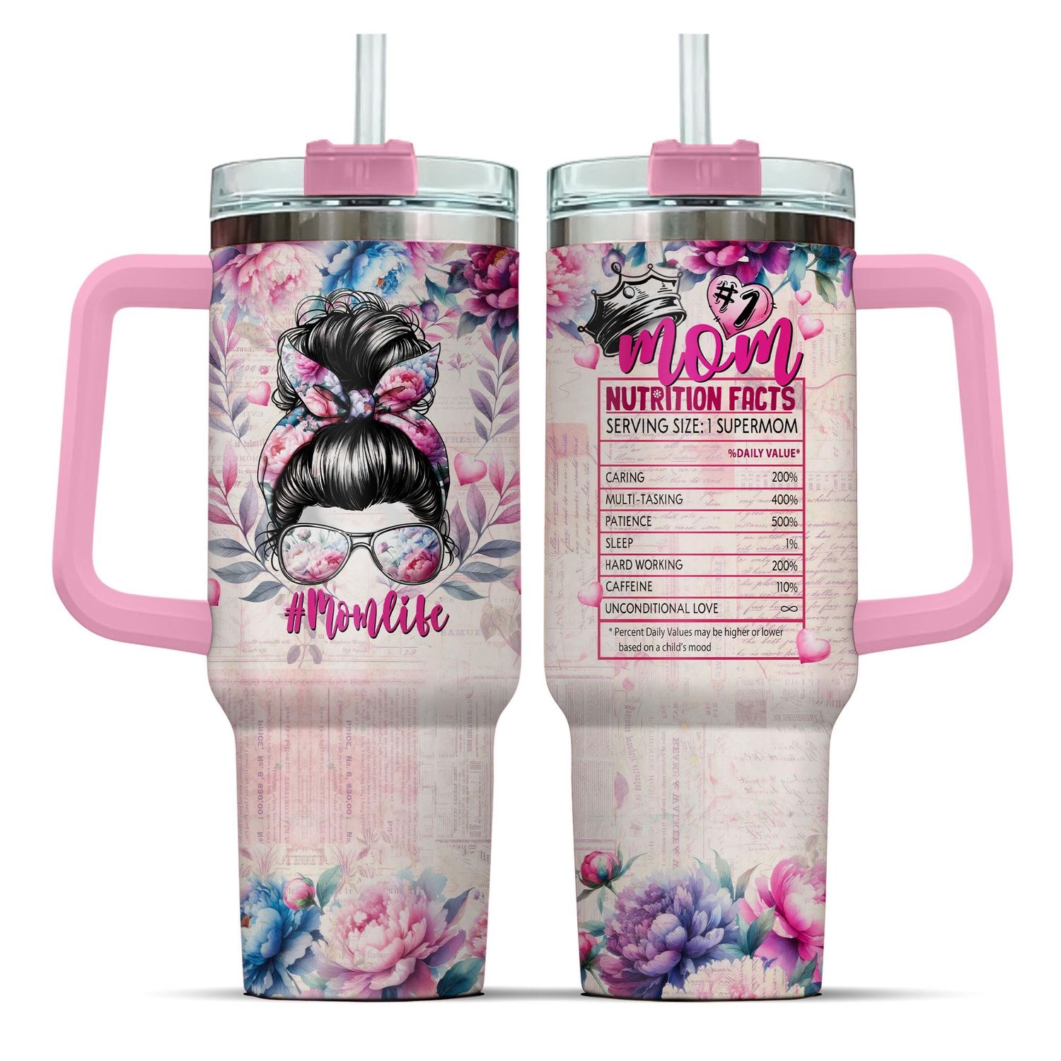 NEW ”Mom Life” Rose Flower Tumbler Bottle with Straw
