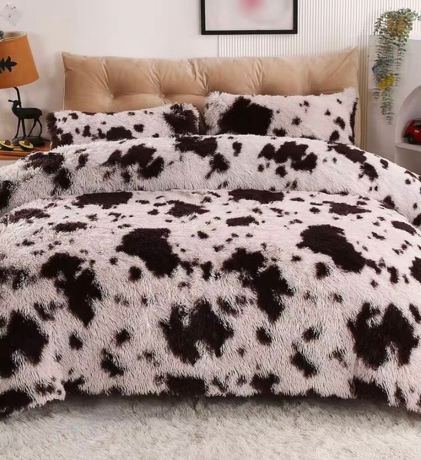 NEW Fluffy Farmhouse Cow Print Double Duvet Cover &amp; Pillow Shams