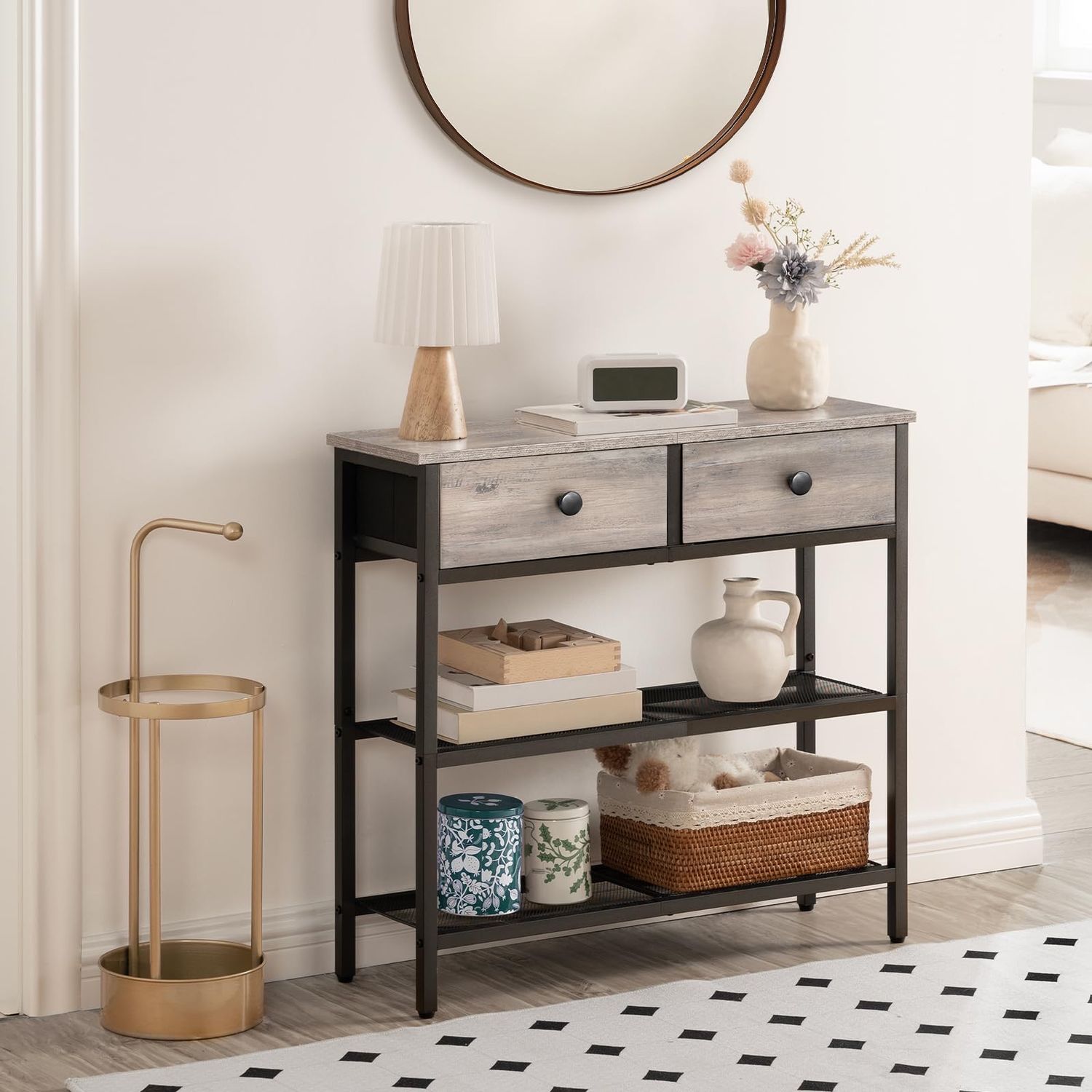 NEW Narrow Entryway Table with 2 Fabric Drawers &amp; Shelves