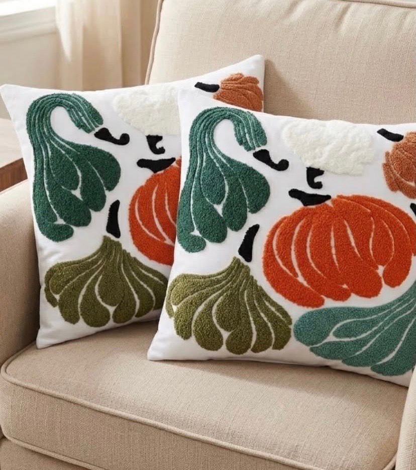 NEW 2 Rustic Crewel Embroidered Fall Pumpkin Decorative Pillows