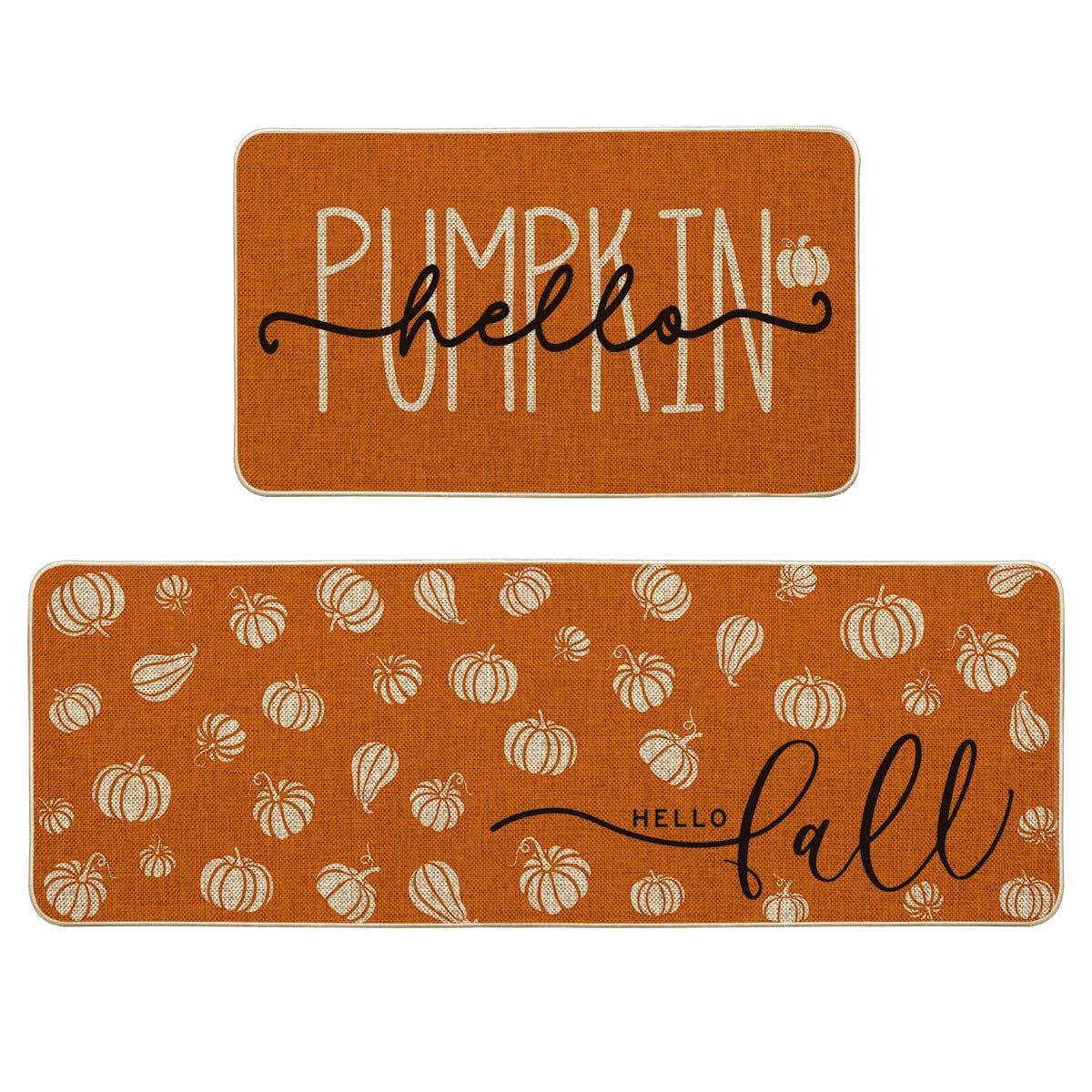 NEW Set of 2 Hello Pumpkin &amp; Fall Kitchen Mats