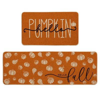 NEW Set of 2 Hello Pumpkin &amp; Fall Kitchen Mats