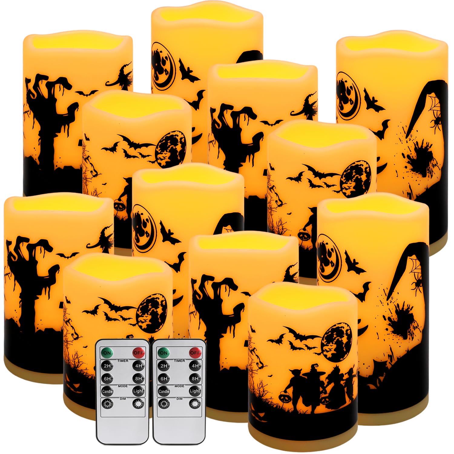NEW 12 Halloween LED Flameless Pillar Candles with Remotes