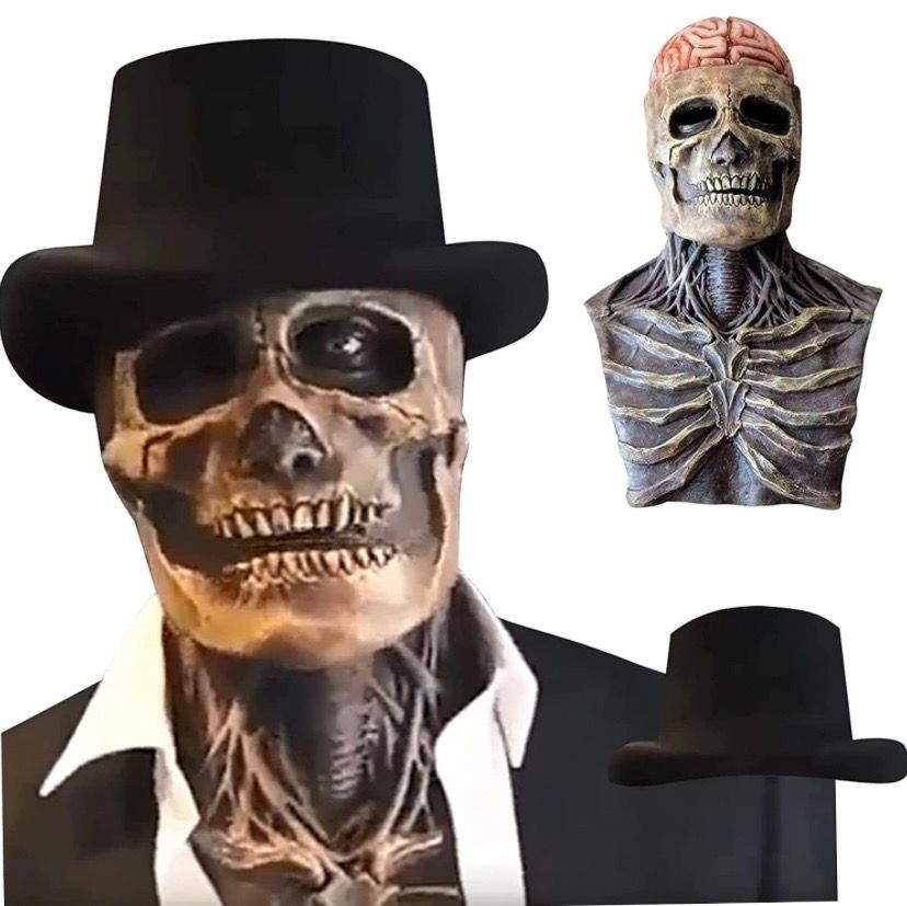 NEW Adult 3D Halloween Skeleton Skull Mask with Hat Costume