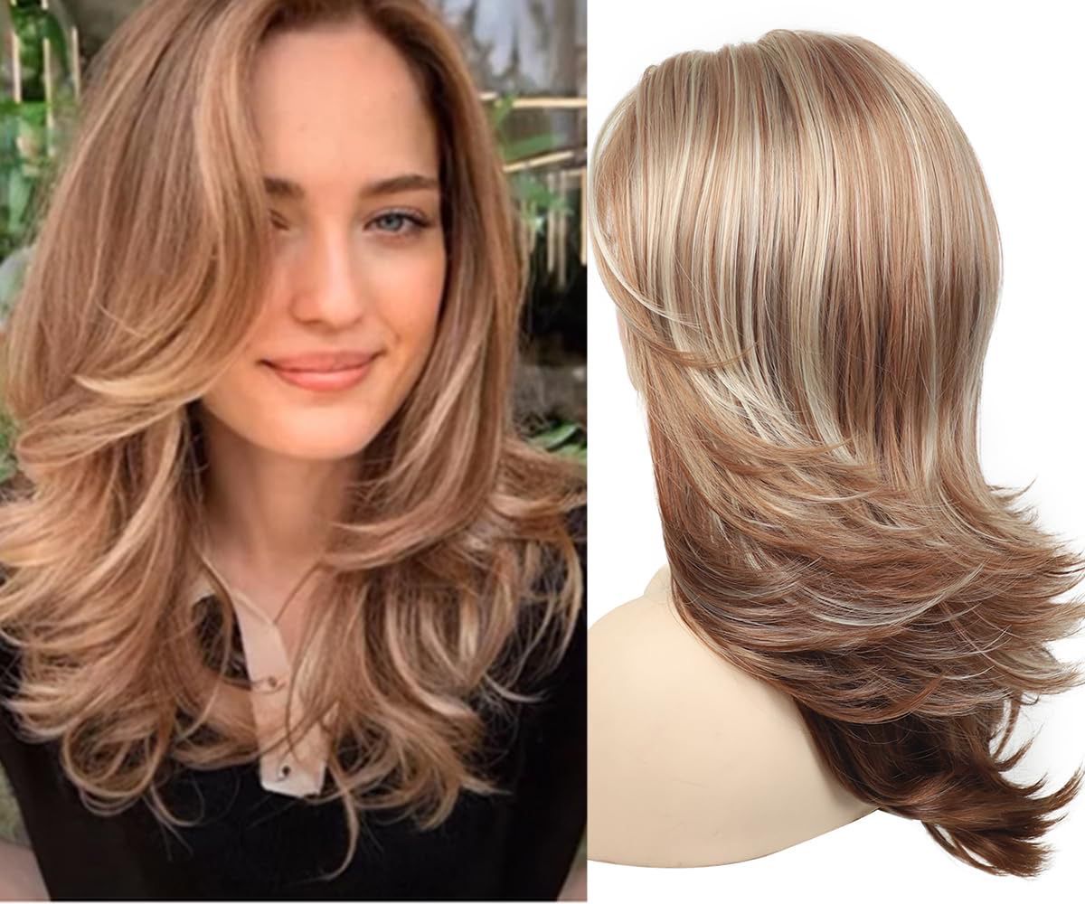 NEW Womens Layered Brown Highlight Long Wavy Wig