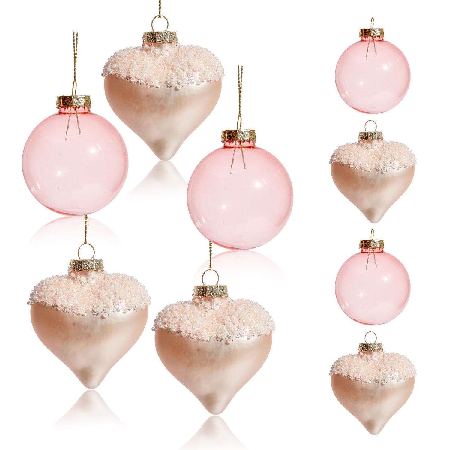 NEW 9 Christmas Heart &amp; Ball Glass Ornaments Sparkly Pearl Beaded