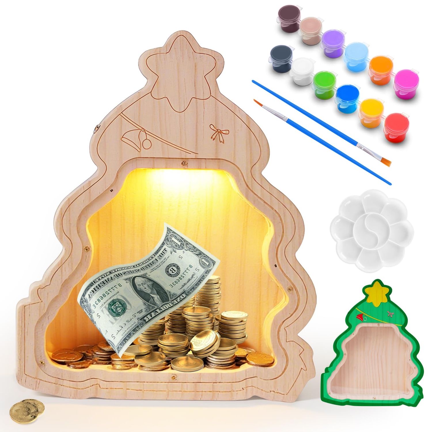 NEW Kids DIY Christmas Tree Piggy Bank with Paint